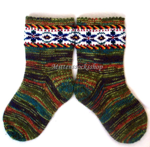 Hand Knitted Socks Knit Green Blue Orange From Sock Yarn With Kid Mohair Winter Patterned Sleeping