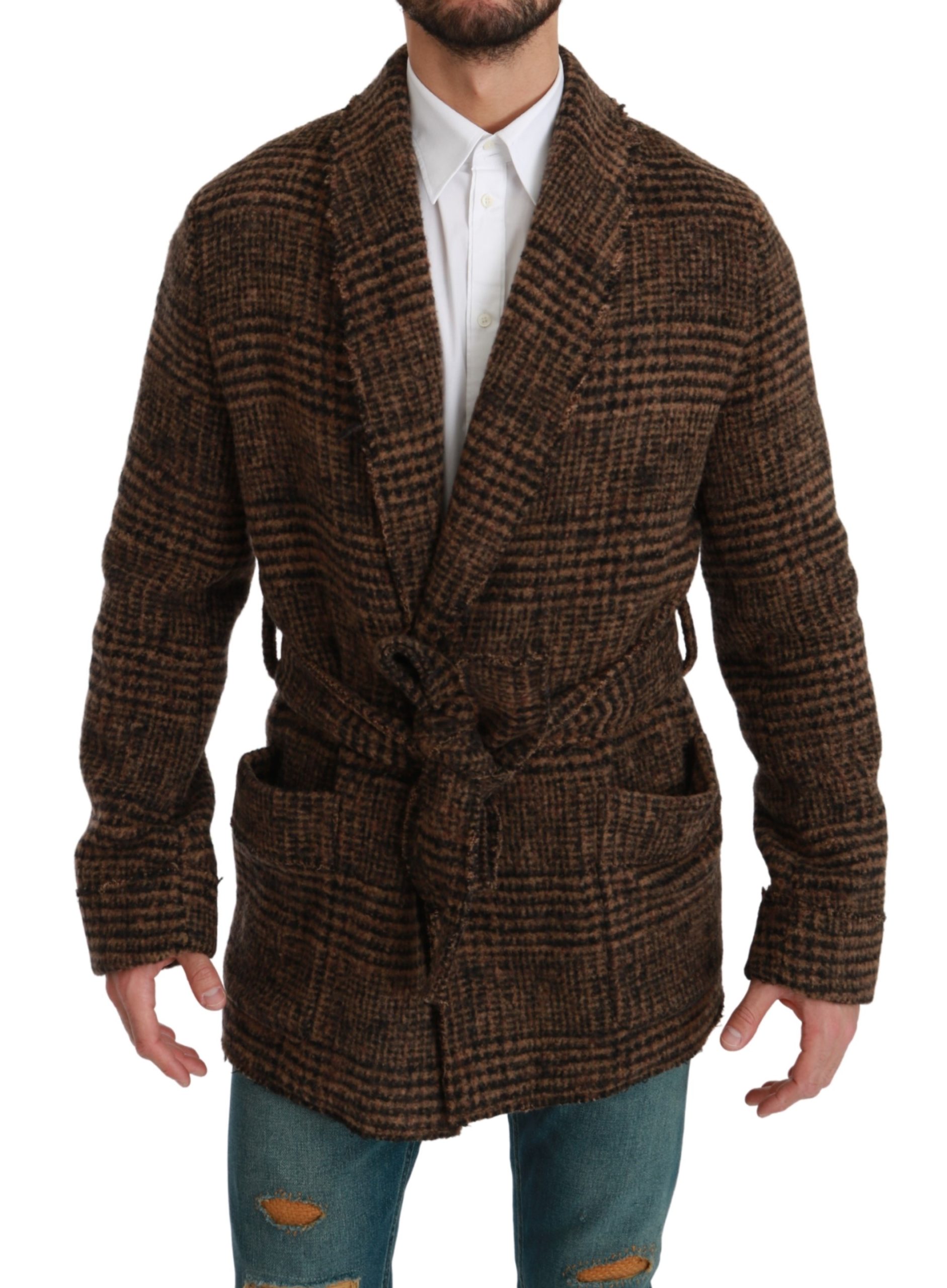 Dolce & Gabbana Men's Checkered Wool Robe Wrap Coat Red JKT2623 - IT44 | XS
