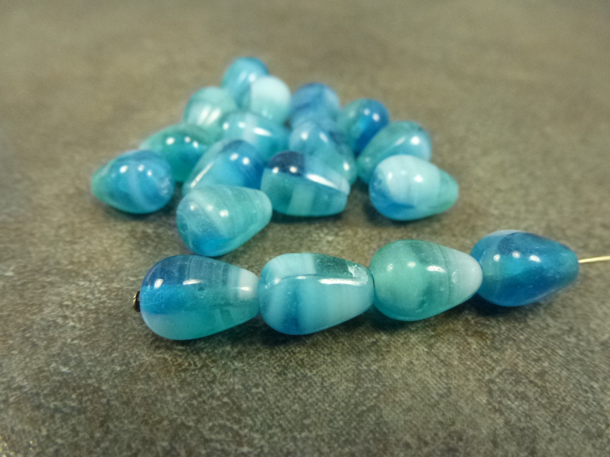 Aqua Blend Czech Glass Fat Teardrop Beads 10x6mm 20Pc Pear