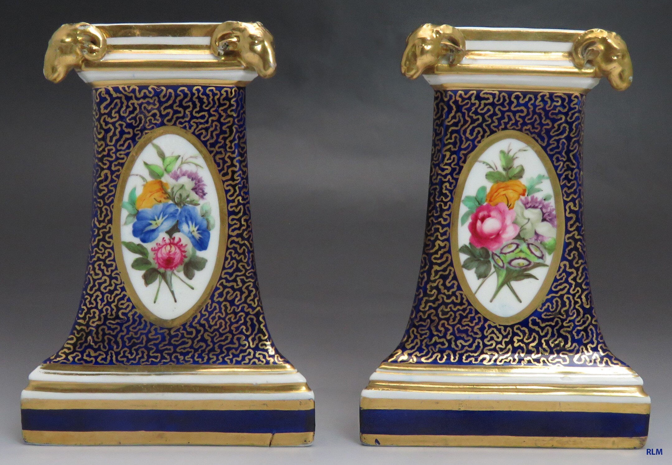 C1780-1815 Pair Royal Crown Derby Hand Painted Floral Rams Heads Bud Vases