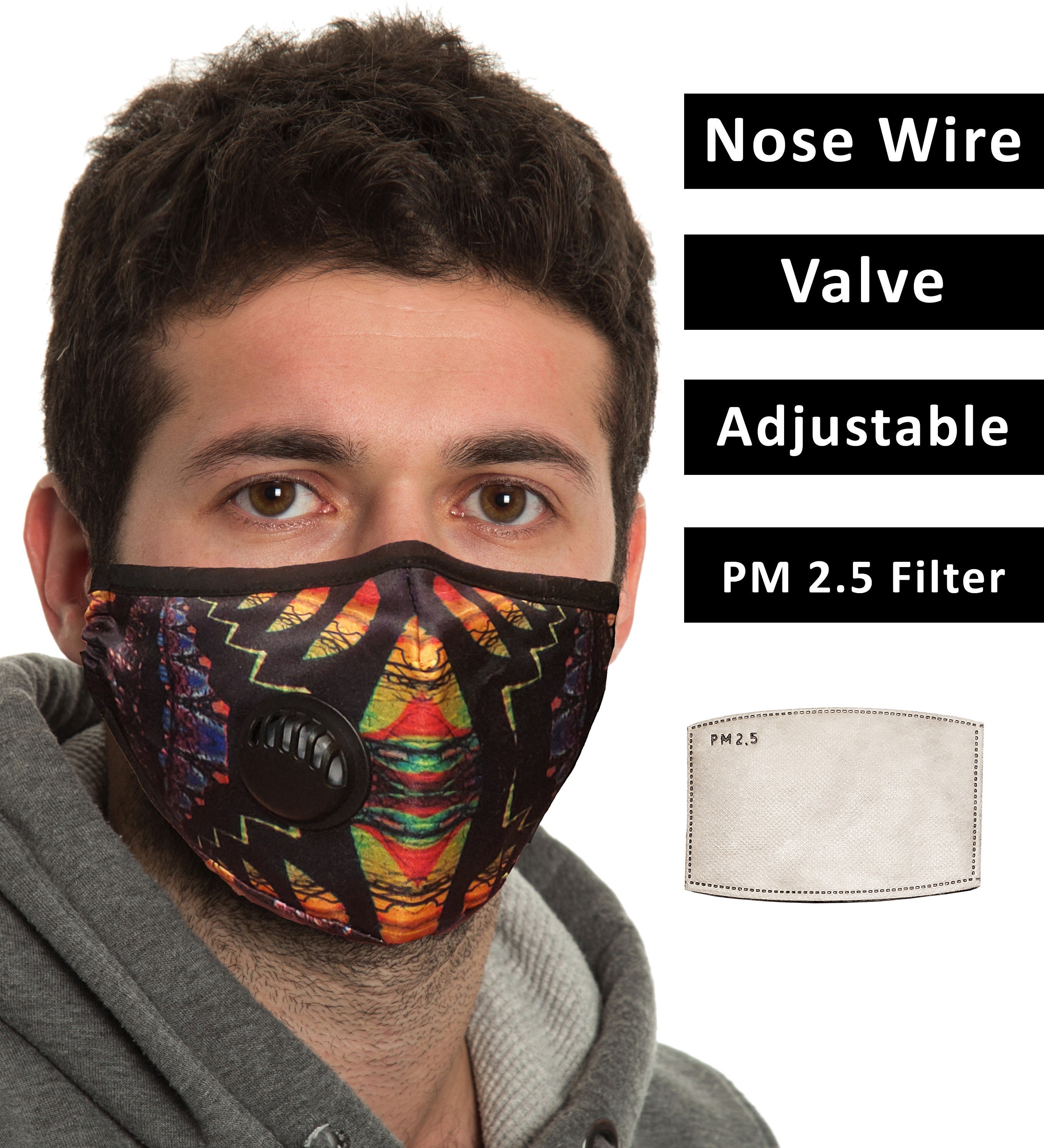 Face Mask + Filter Pm 2.5, Poly Cotton Blend, Adjustable Elastic Earloops Metal Nose Clip, Re-Usable, Small, Medium Adult, Fast Shipping Usa