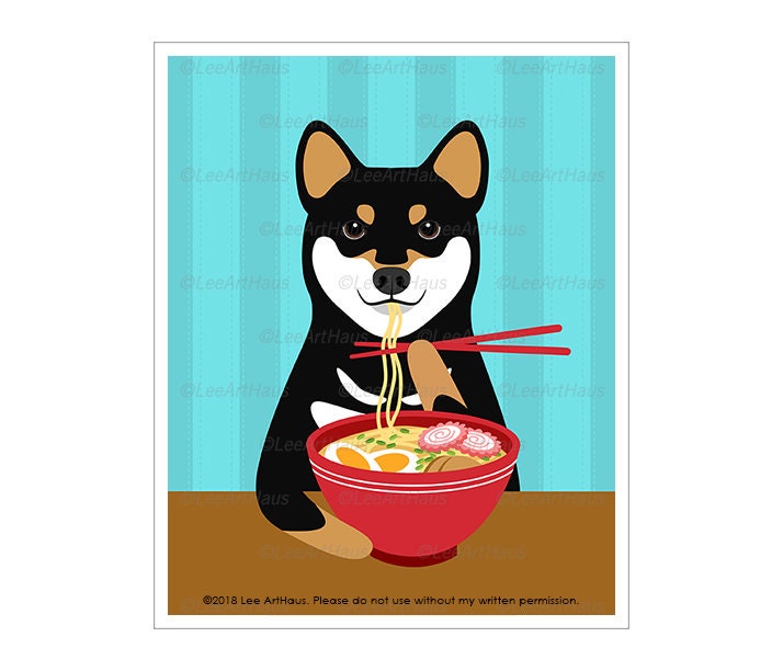 726D Ramen Art Prints - Black & Tan Shiba Inu Eating Noodles Wall Drawing Foodie Noodle Print