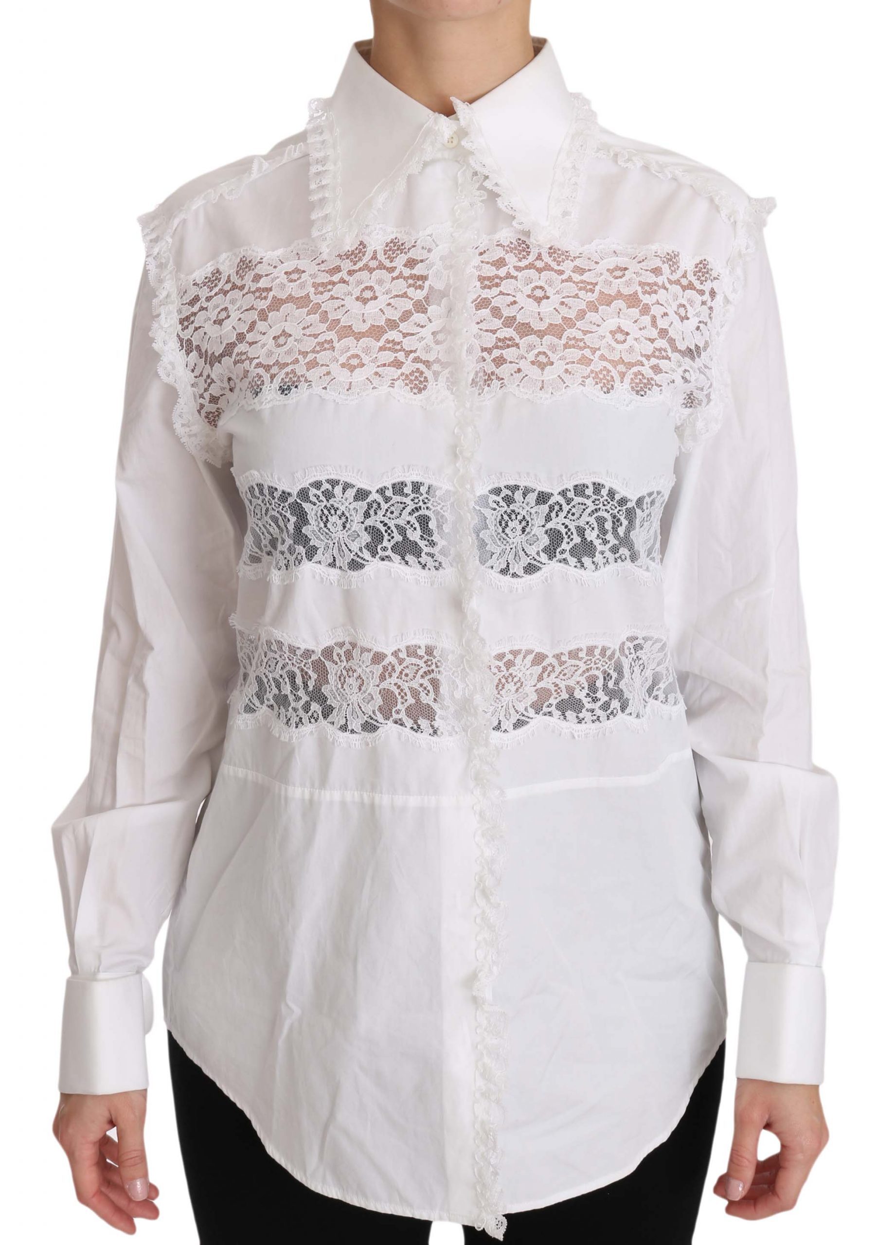 Dolce & Gabbana Women's Frill Lace Inset Poplin Shirt White TSH3218 - IT40|S