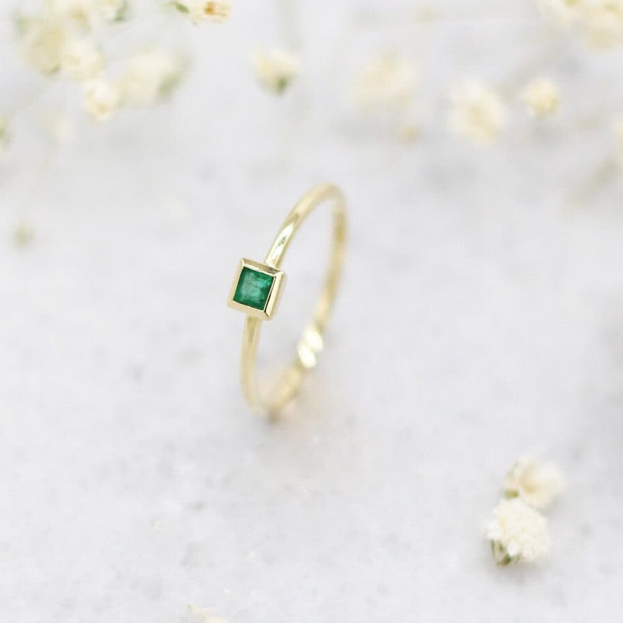 Solitaire Emerald Ring-Baguette Cut Ring-stacking Gold Ring-May Birthstone