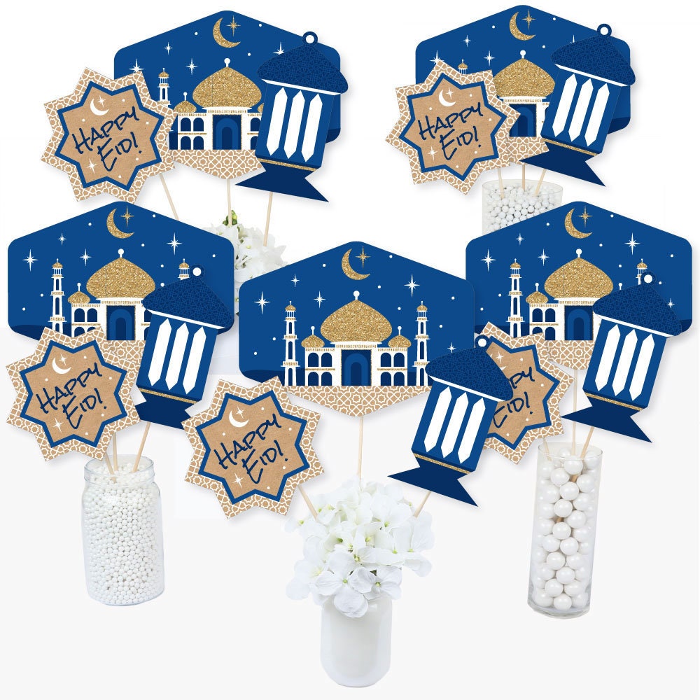 Ramadan - Eid Mubarak Centerpiece Sticks Happy Table Toppers Party Supplies Mosque, Lanterns & Stars 15 Ct