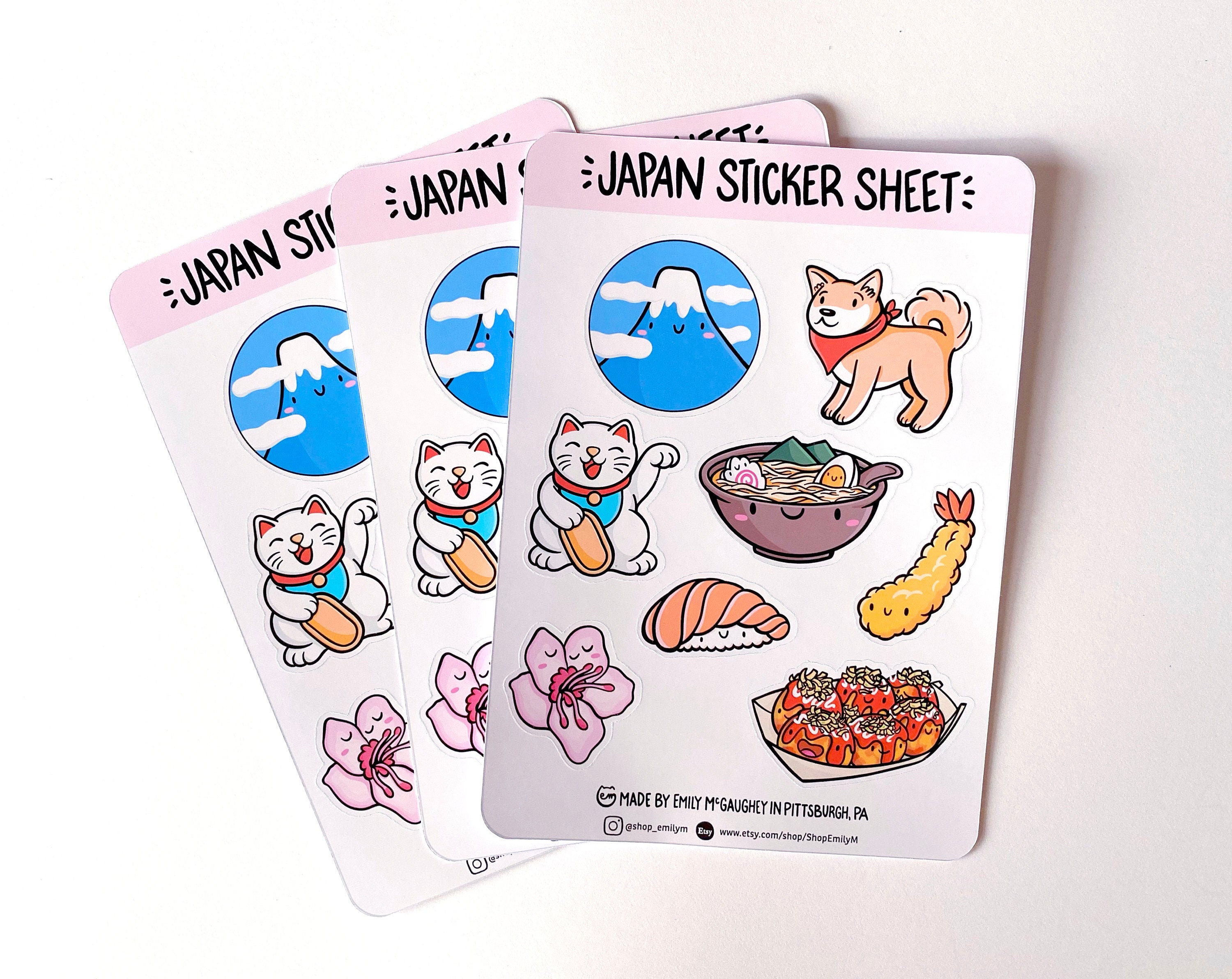 Japan Sticker Sheet | Japan Gifts Kawaii Stickers Shiba Inu Mt Fuji Japanese Food Sushi Cherry Blossom Ramen Bowl Lucky Cat