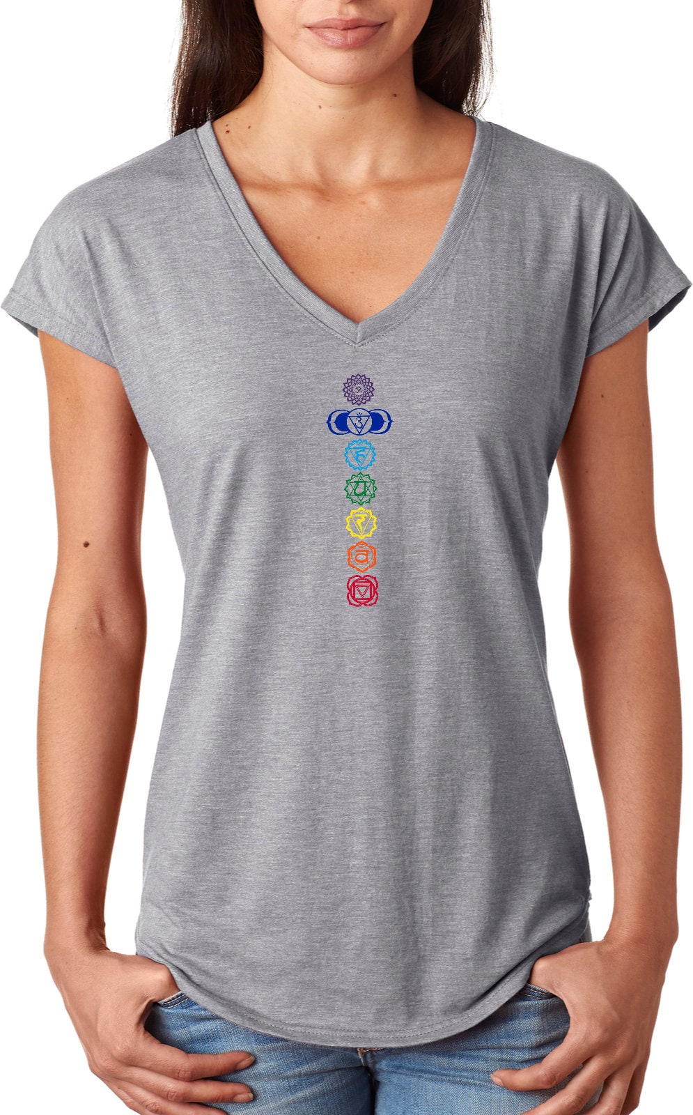 Colored Chakras Ladies Yoga Tri Blend V-Neck Tee Shirt = Colored-6750Vl
