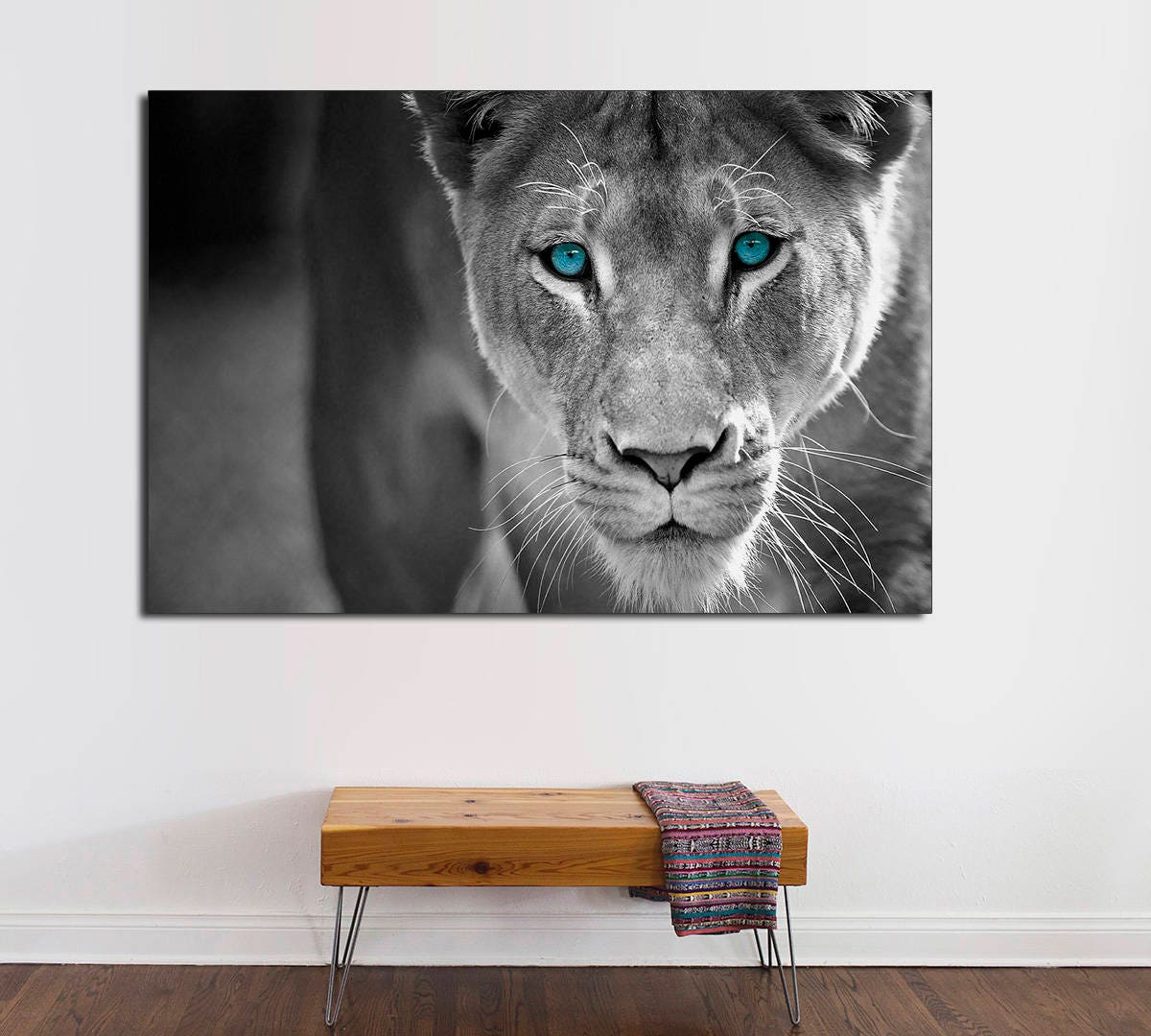 African Lion, Black & White Blue Eyes Lion Print, Canvas Print. Lion Wall Art, Wall Canvas Large