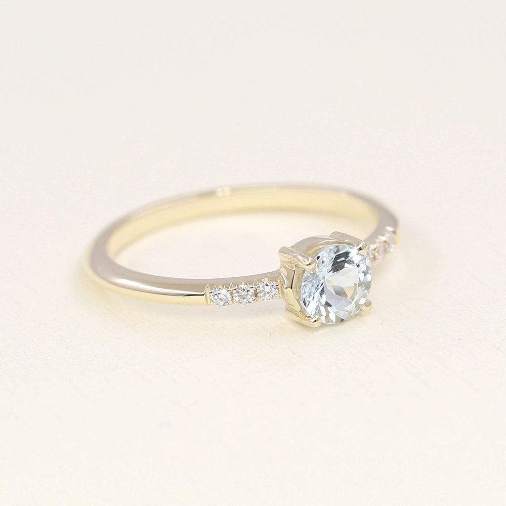 Dainty Aquamarine Engagement Ring, March Birthstone Simple Diamond Wedding Band For Women