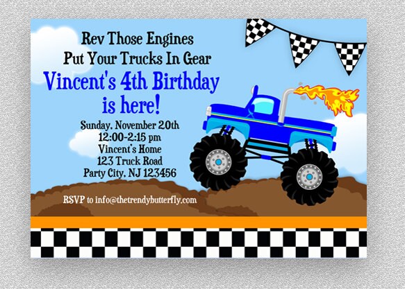 Monster Truck Invitation, Birthday Party, Party Invite
