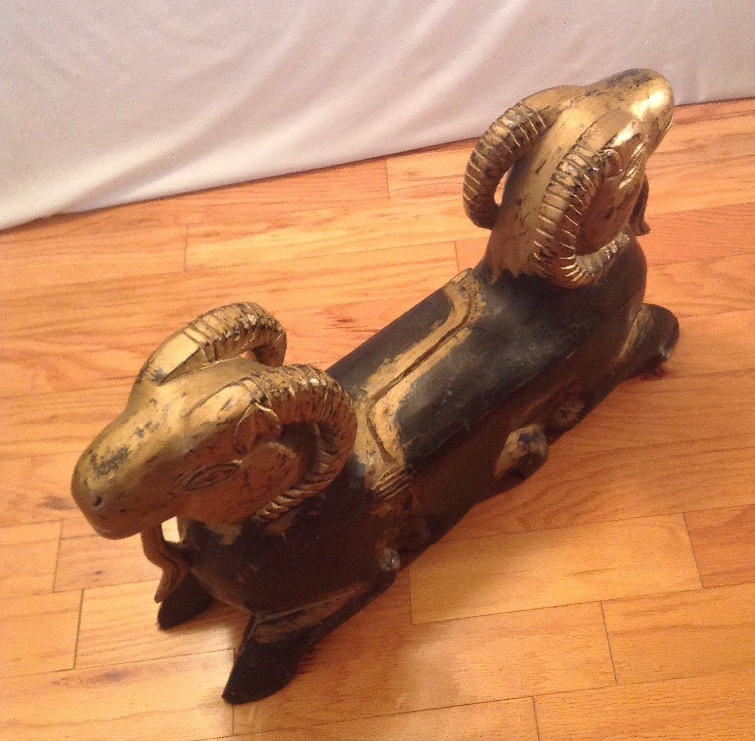 Egypt Hand-Carved Wood Double-Ram Sculpture