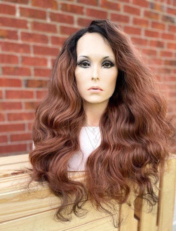 Brown Wig. Long Curly Human Hair Blend | Ombre Balayage Multi-Parting Lace Front Wig Dark Root Heat Safe