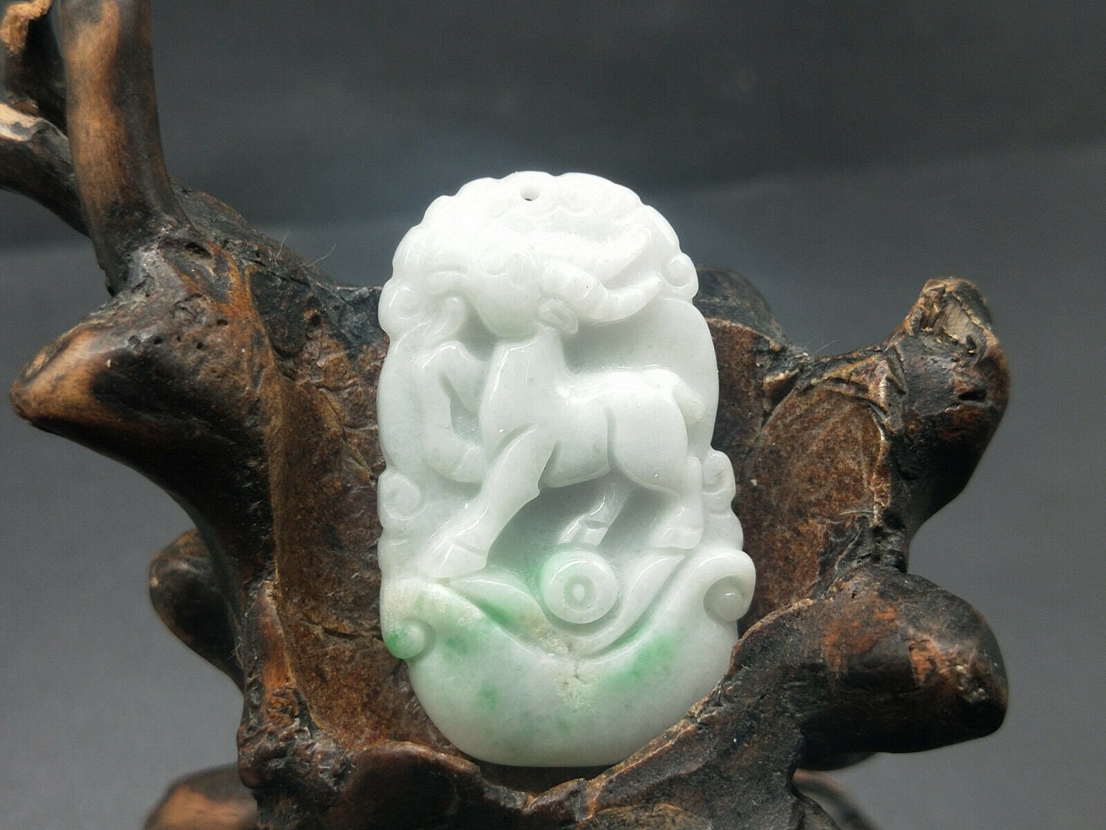Unique Vintage Chinese Sheep Ram Pendant, Semi Translucent 2 Color Green Jade, Emerald Green, Necklace, Natural Untreated Grade A Jade