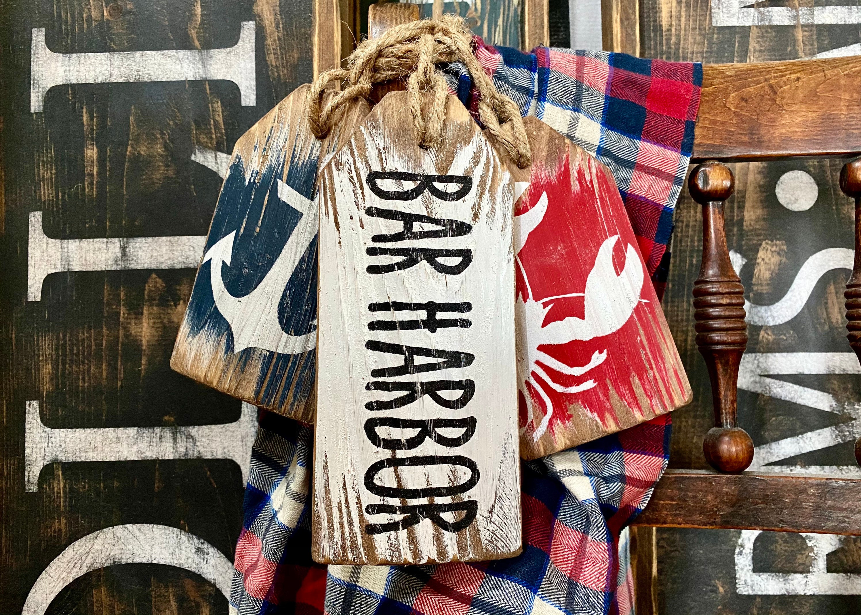 Bar Harbor Maine Sign, Acadia National Park, Lobster Anchor Wood Tags, Distressed Coastal Downeast Seafood Rustic