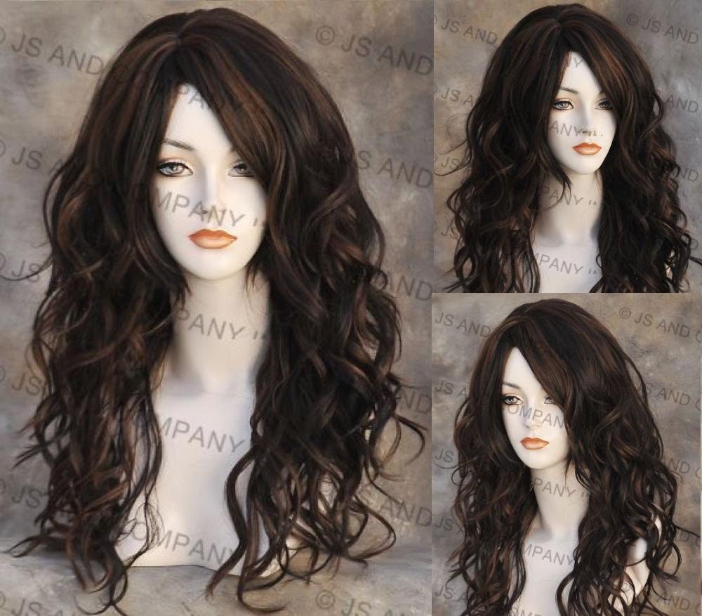 Brown Auburn Mix Human Hair Blend Wavy Extra Long Bangs Off Center Parting Wavt Curly Cancer Alopecia Theater Cosplay