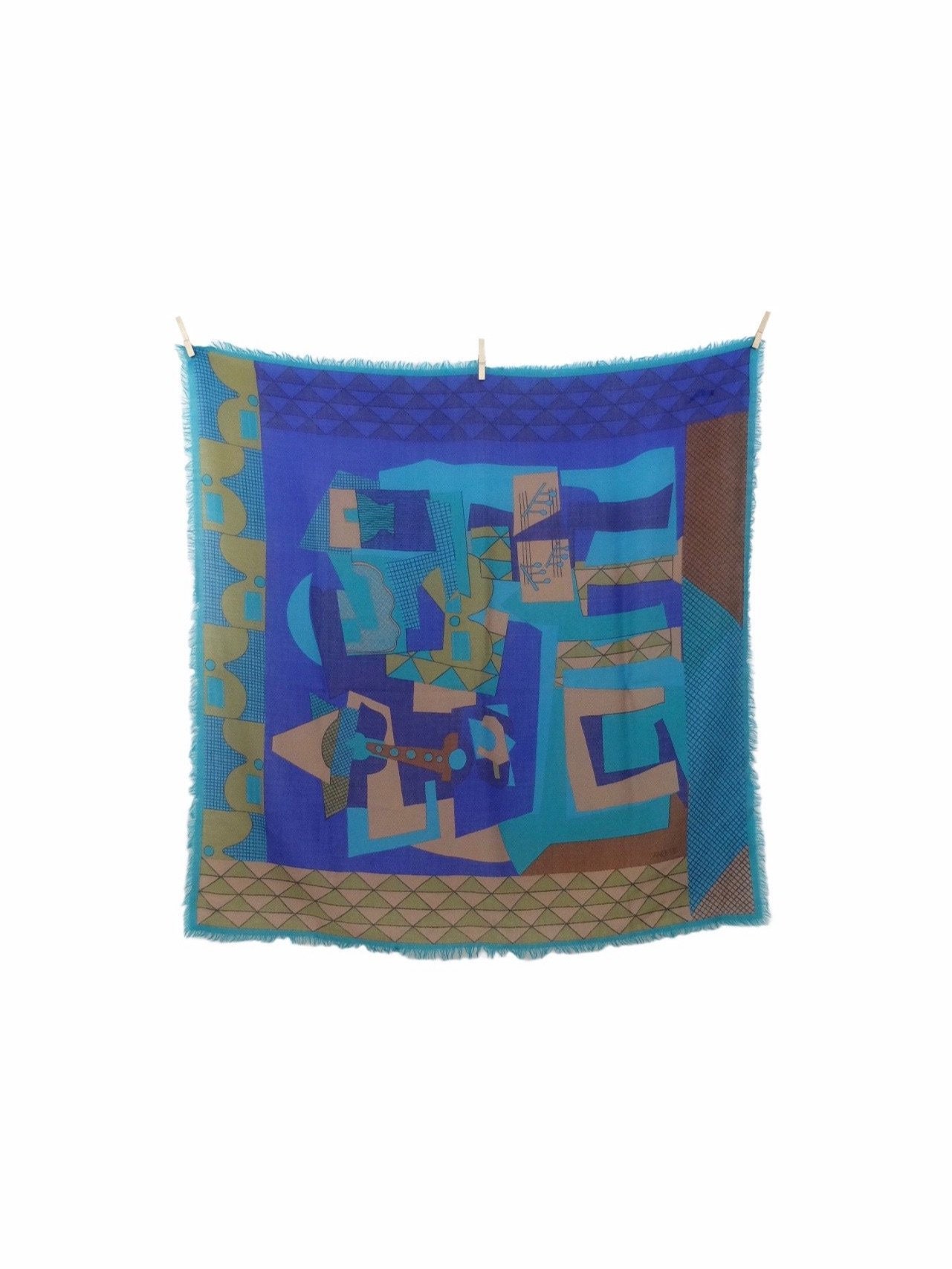 Vintage 70S Wool & Silk Blend Mod Bohemian Funky Avant-Garde Psychedelic Bright Blue Extra Large Square Bandana Neck Tie Scarf