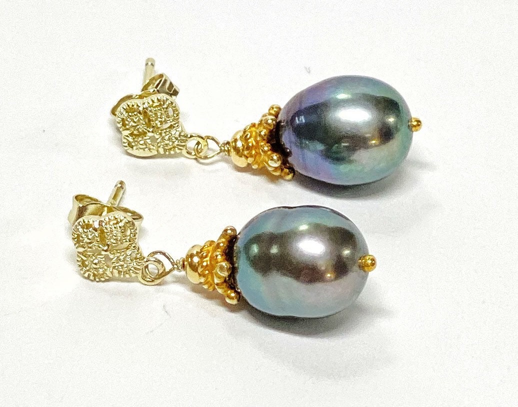 Black Baroque Pearl Earrings Gold Vermeil Post Drop Peacock Wedding Jewelry Gift For Wife