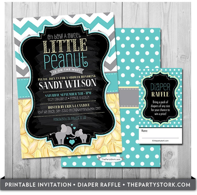 Elephant Baby Shower Invitation Boy, Printable Blue Boy Free Diaper Raffle, Little Peanut Invite