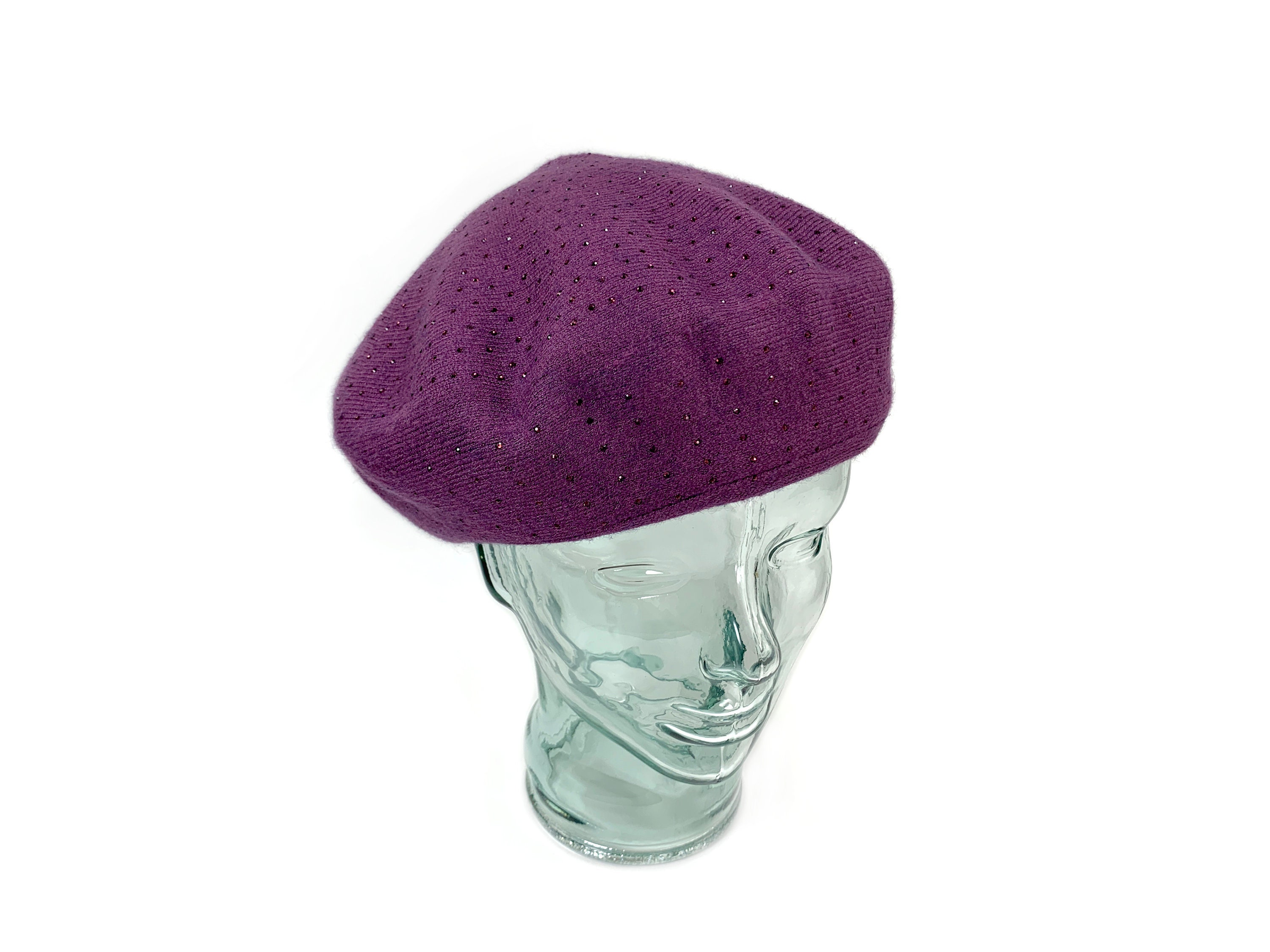 Purple Knit Beret, Cashmere Blend Beret With Sparkle, Reversible Soft Wool Beret, Retro Style Purple Winter Hat For Women