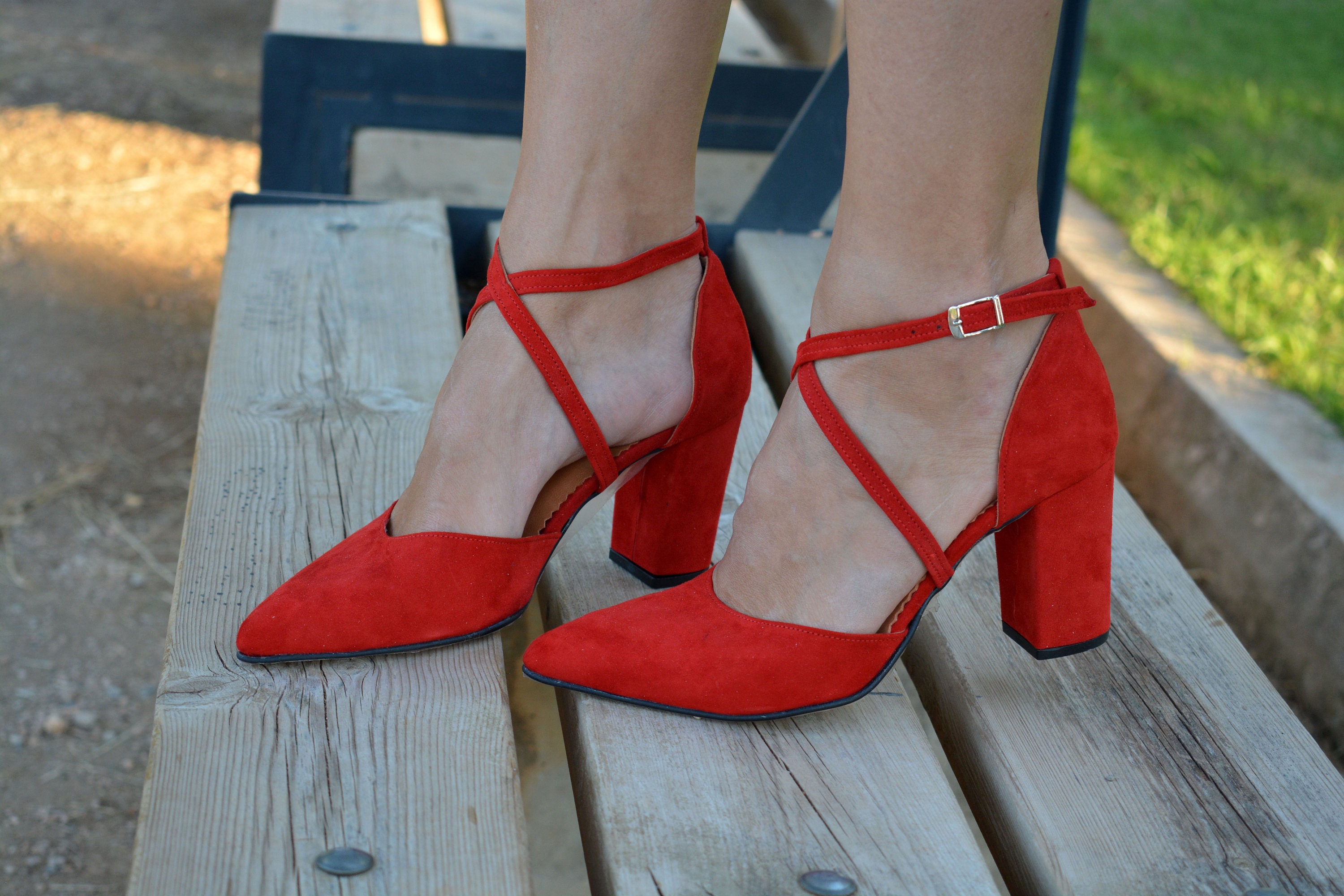 Block Heel Red Shoes, Heels, Ladies Pumps, Wedding Bridal Heels, Shoes "'judy''