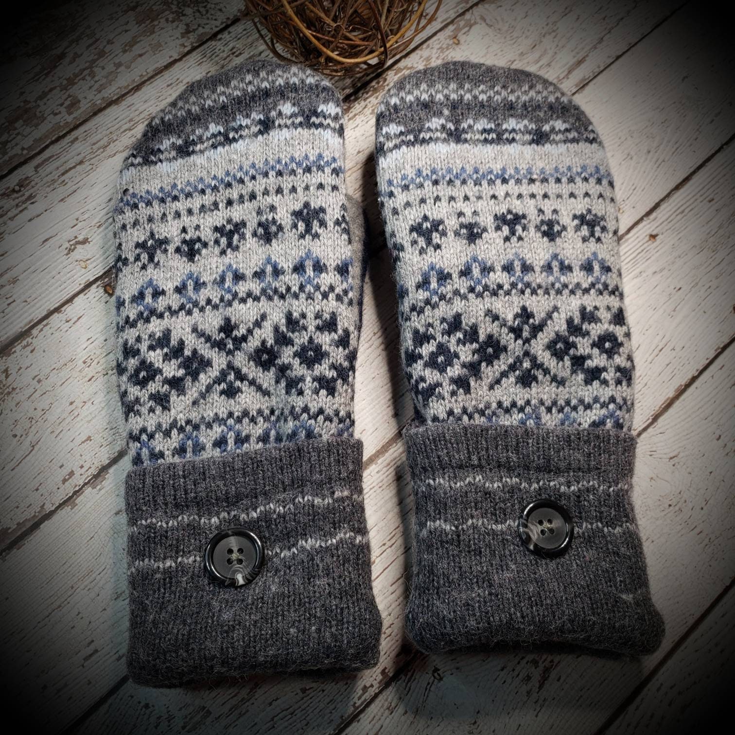 Upcycled Wool Blend Sweater Mittens Handmade Fleece Lined Made From Recycled Sweaters Gray Snowflake Stocking Stuffer