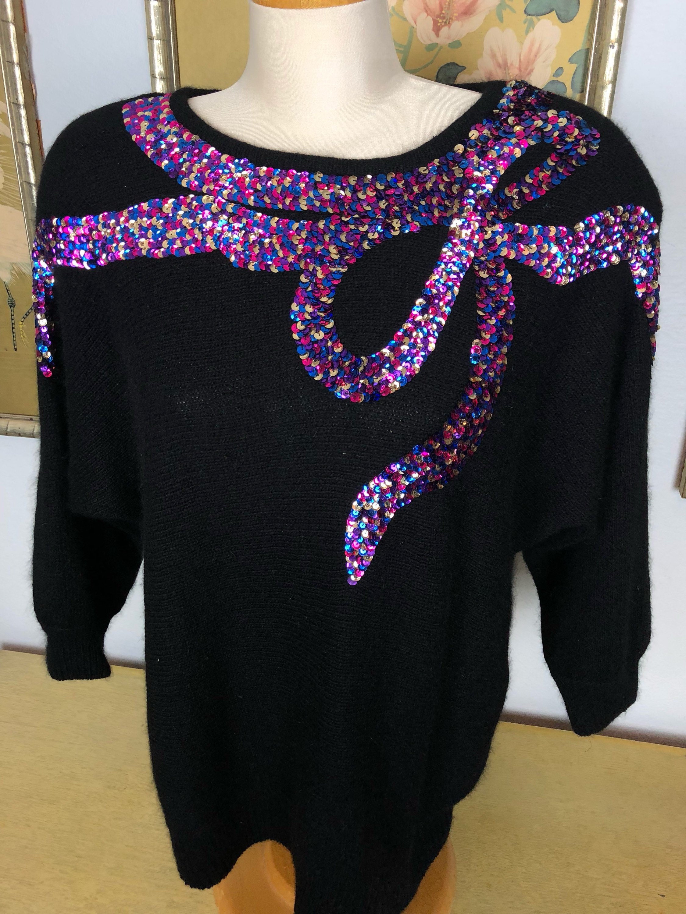1980S Cozy Angora Blend Sweater Colorful Sequined Bow Design in A Great Larger Size