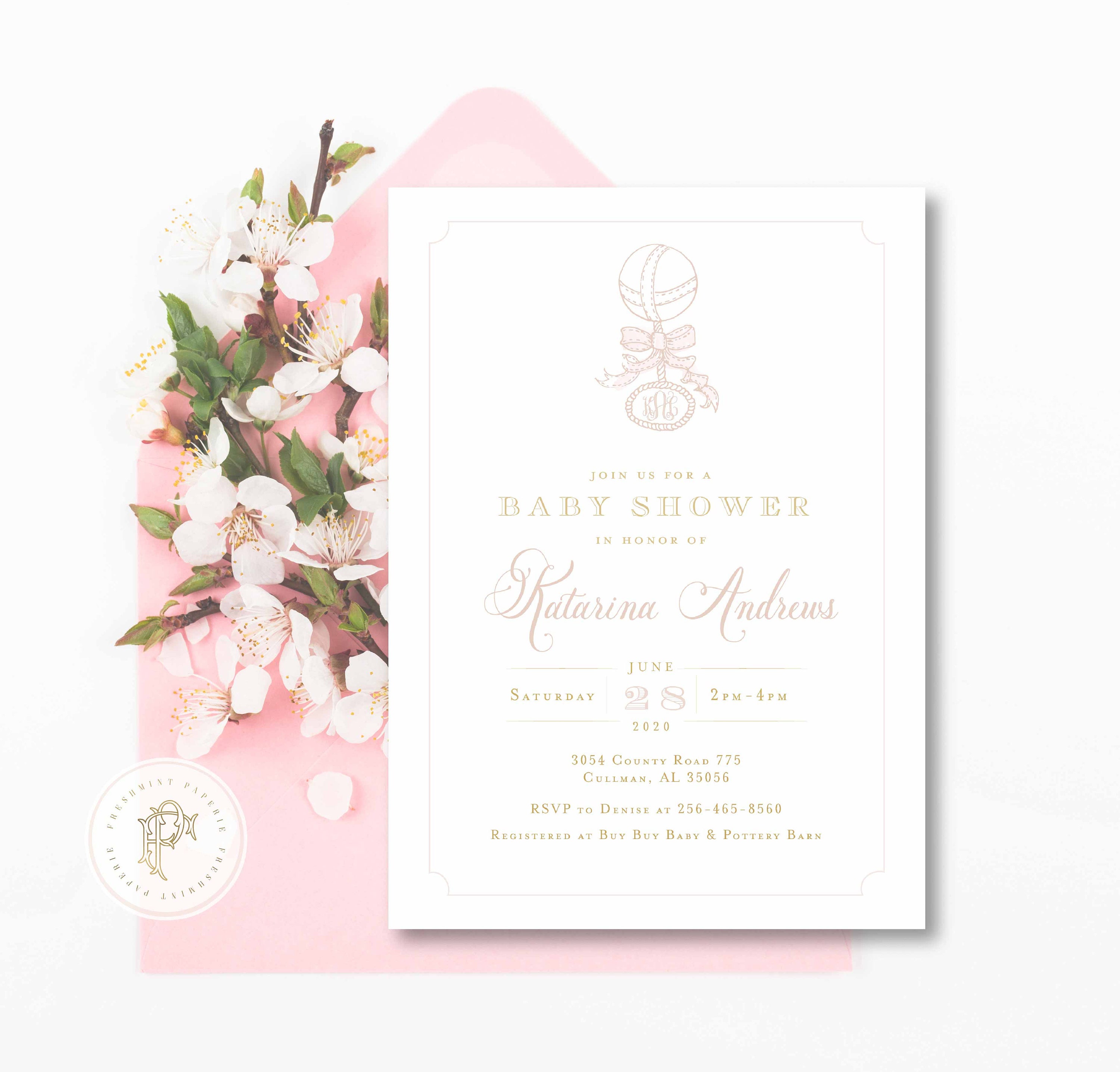 Monogram Baby Shower Invitation - Baby Shower Invitation Rattle Pink