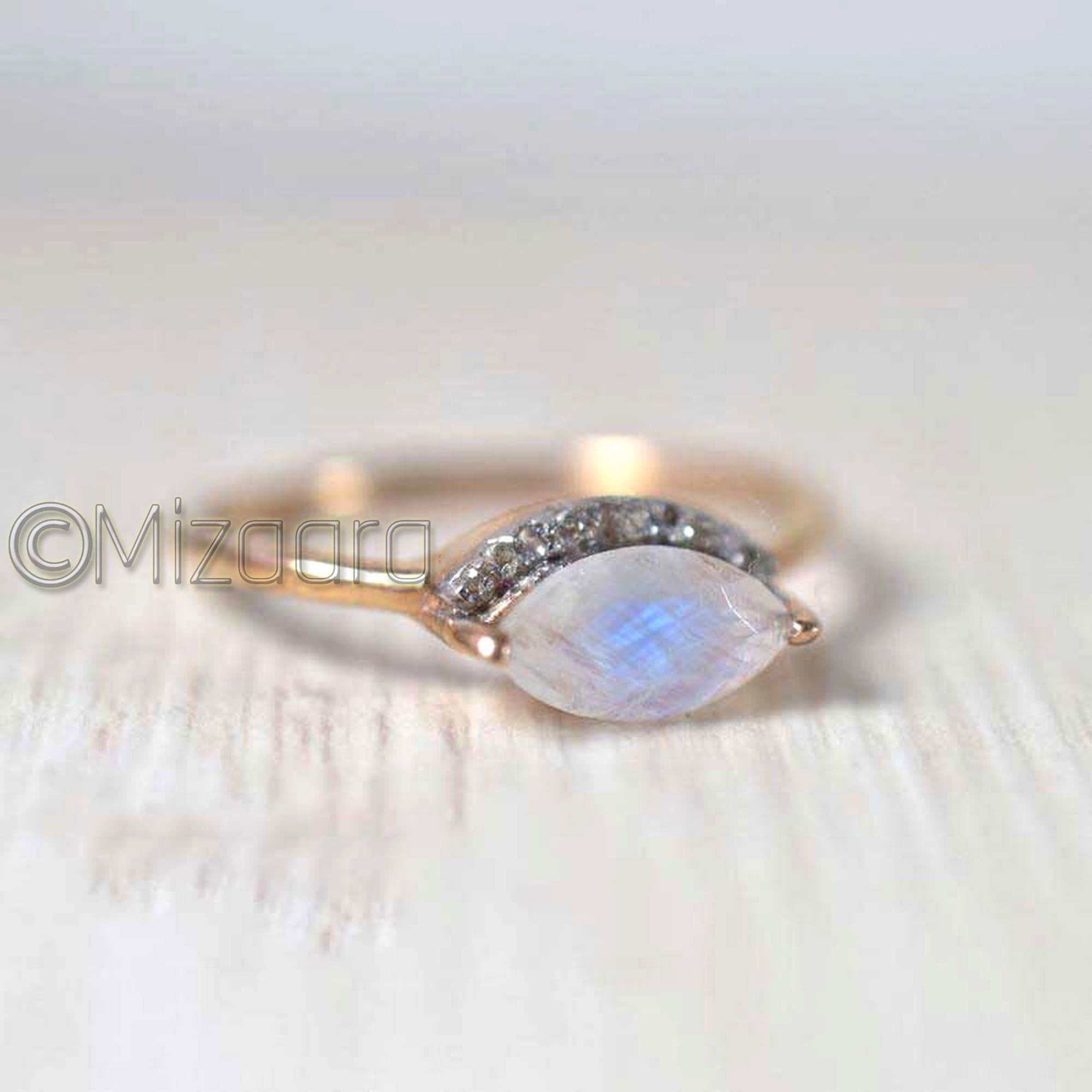 Diamond Moonstone Gold Ring Sterling Silver Marquise Rainbow Dainty Jewelry Women's Gift Delicate Proposal Girl