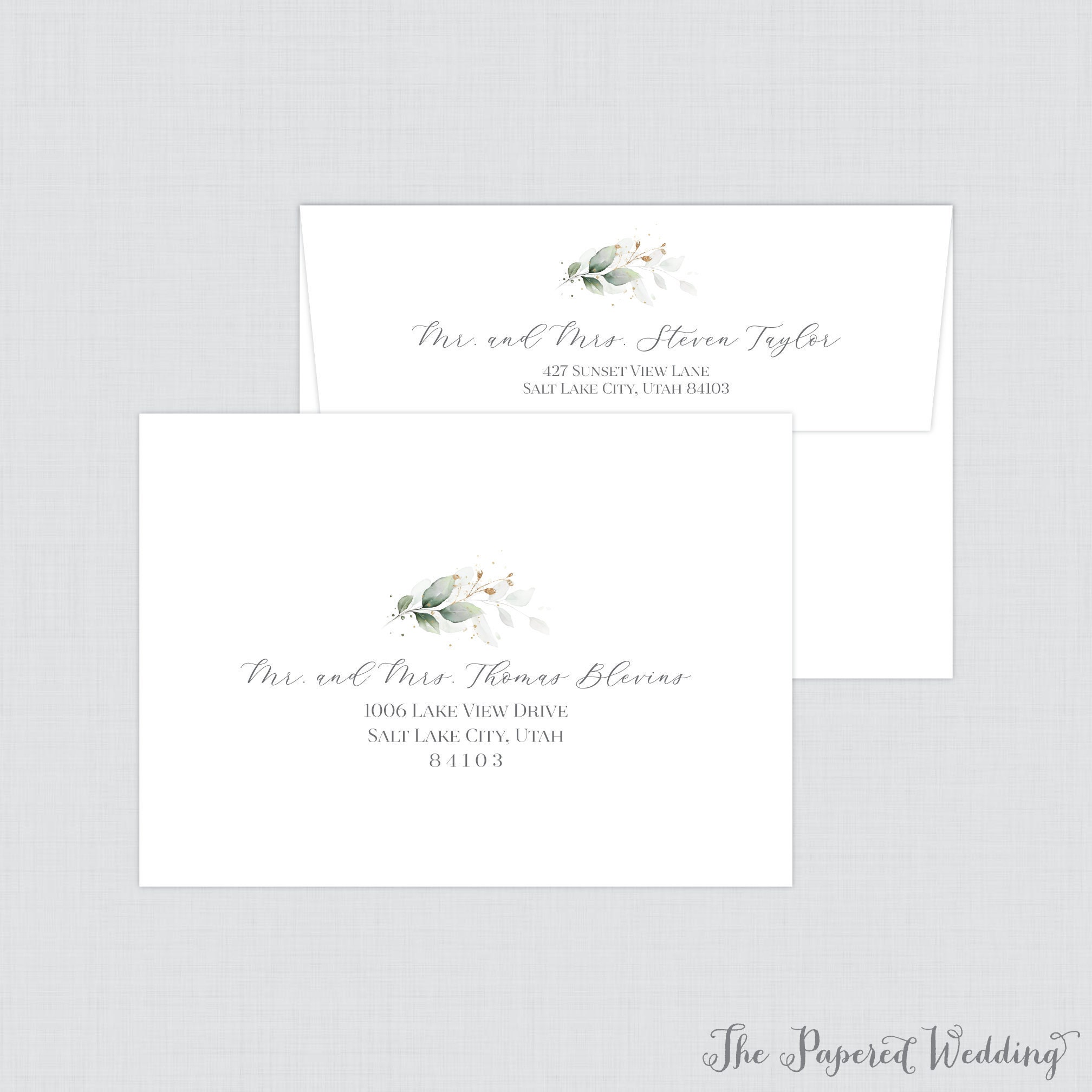 Green & Gold Wedding Envelopes - Printed With Modern Greenery Florals Custom Guest Addresses 0029