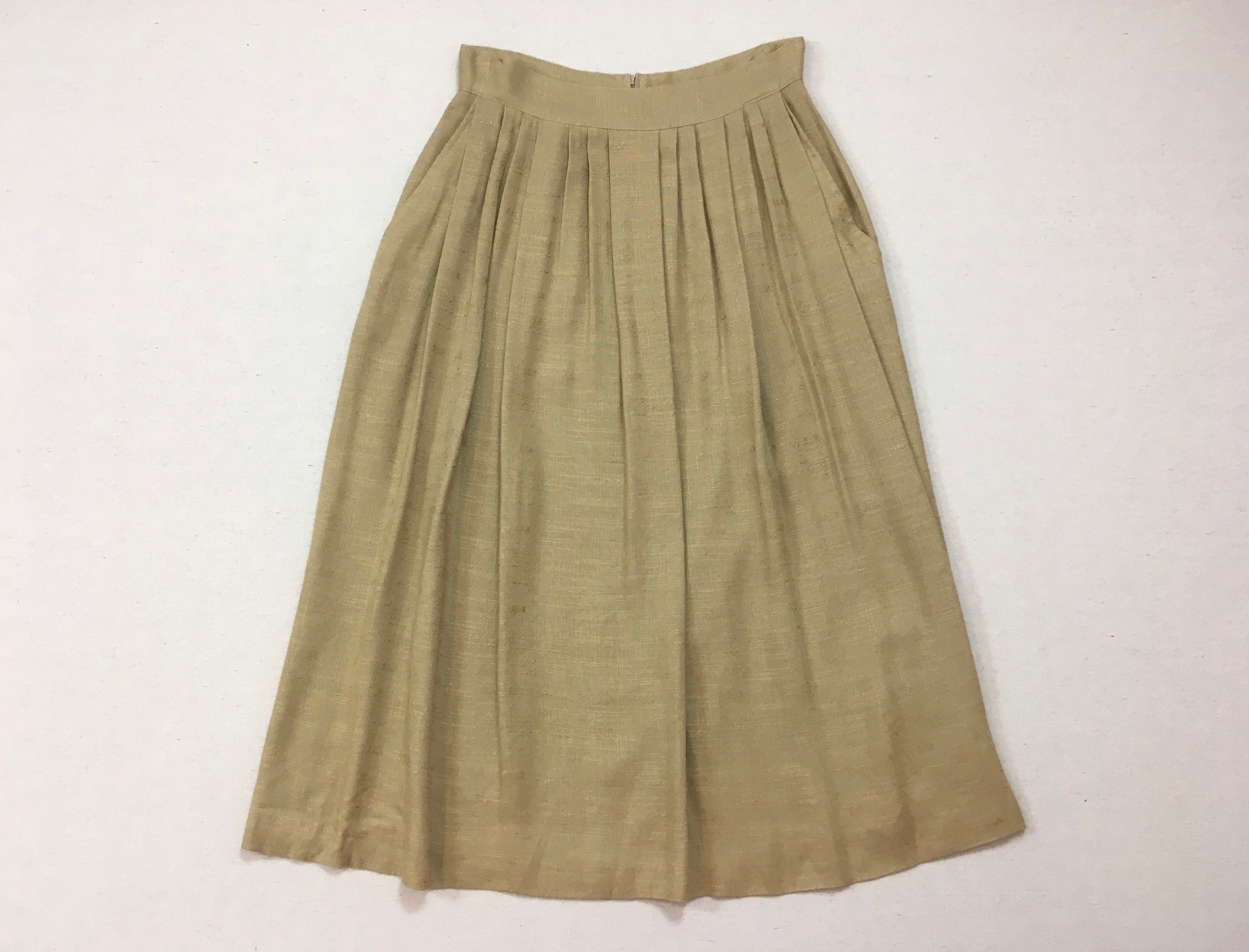 1980's, Woven, Rayon/Flax Blend, Pleated Skirt, in Beige