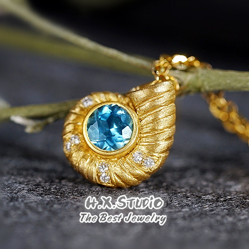 Diamond Aquamarine Seashell Pendant Necklace in Solid 18K Gold/Conch Shell Sea Snail/Custom Fine Jewelry/Gift For Women & Girls