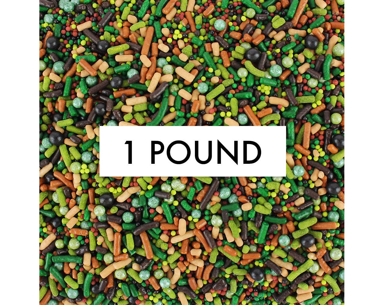 Camo Sprinkle Blend 1 lb - A Mix Of Soft Jimmies, Crunchy Non-Pareils, & Sugar Pearls, in Outdoorsy Shades Green, Brown, Black
