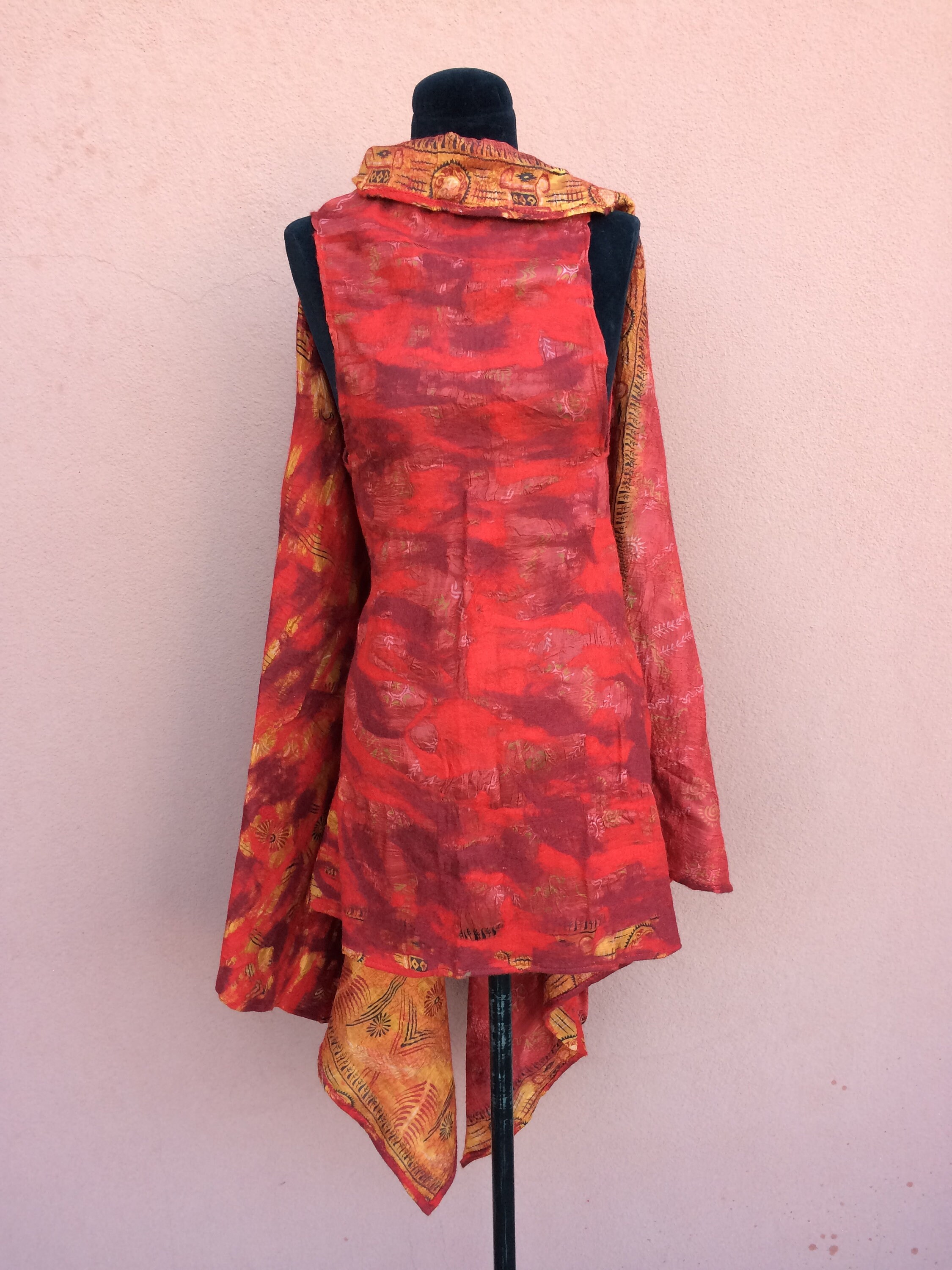 Kooloo Wool Silk Blend Women's Collective Vest Shawl Cover Hand Made Reversible Red Gold Black Lightweight Semi Sheer Nepal Fits Most