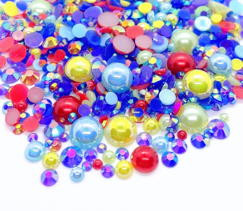 Back To School Blend Rhinestone Mix 2mm-10mm Flatback Jelly Resin | Faux Pearls Sizes, Red Blue Yellow Purple