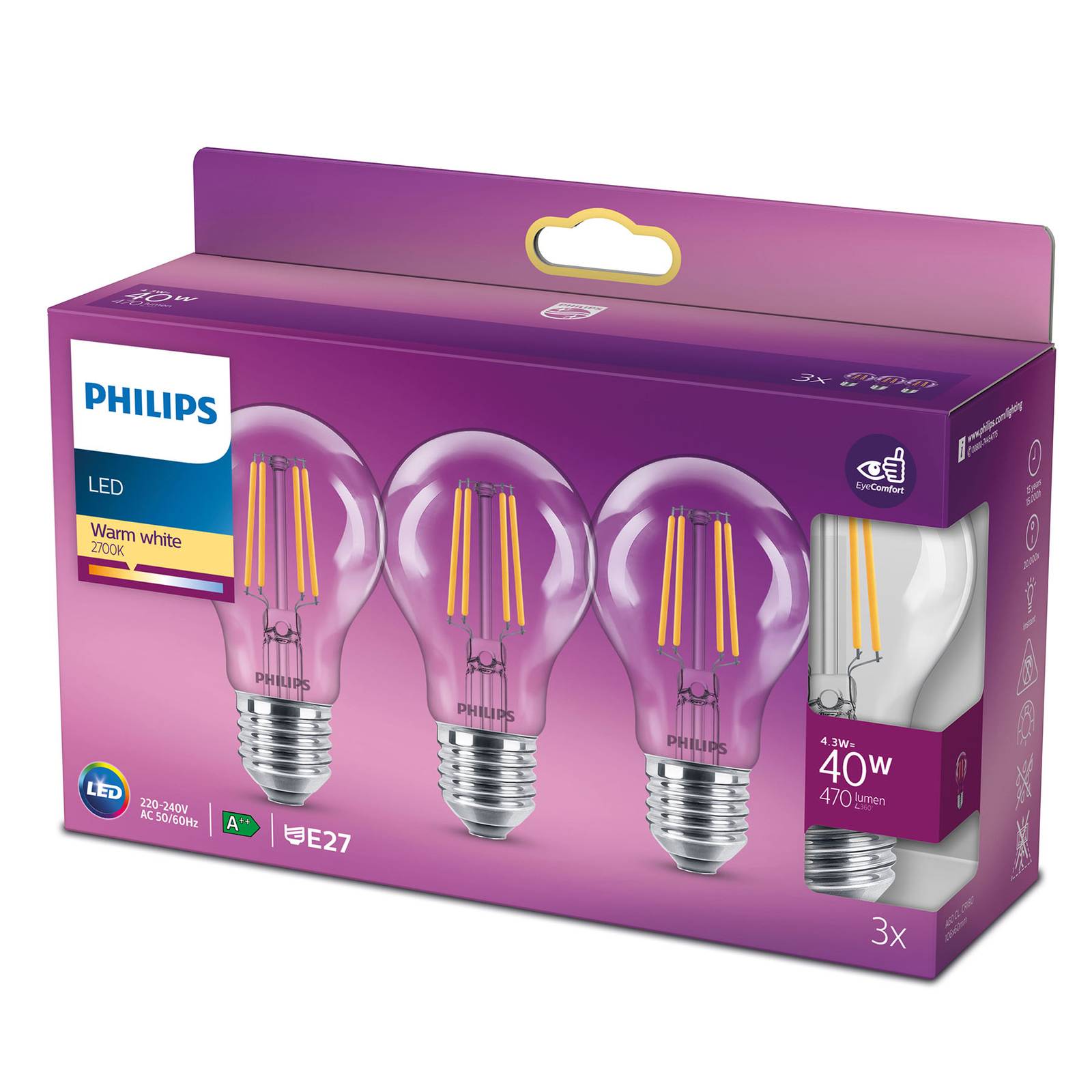 Philips LED-lamppu Classic E27 4,3W 2 700 K 3 kpl