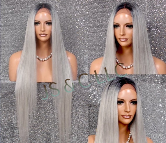 45 Human Hair Blend Lace Front Wig Hand Tied Center Part Straight Heat Safe Grey Silver W. Dk Roots Cancer/Alopecia/Cosplay/Anime/Emo