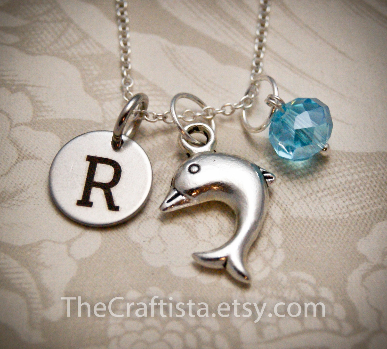 Personalized Dolphin Necklace With Initial Charm & Birthstone, Necklace, Charm, Pendant, Mascot
