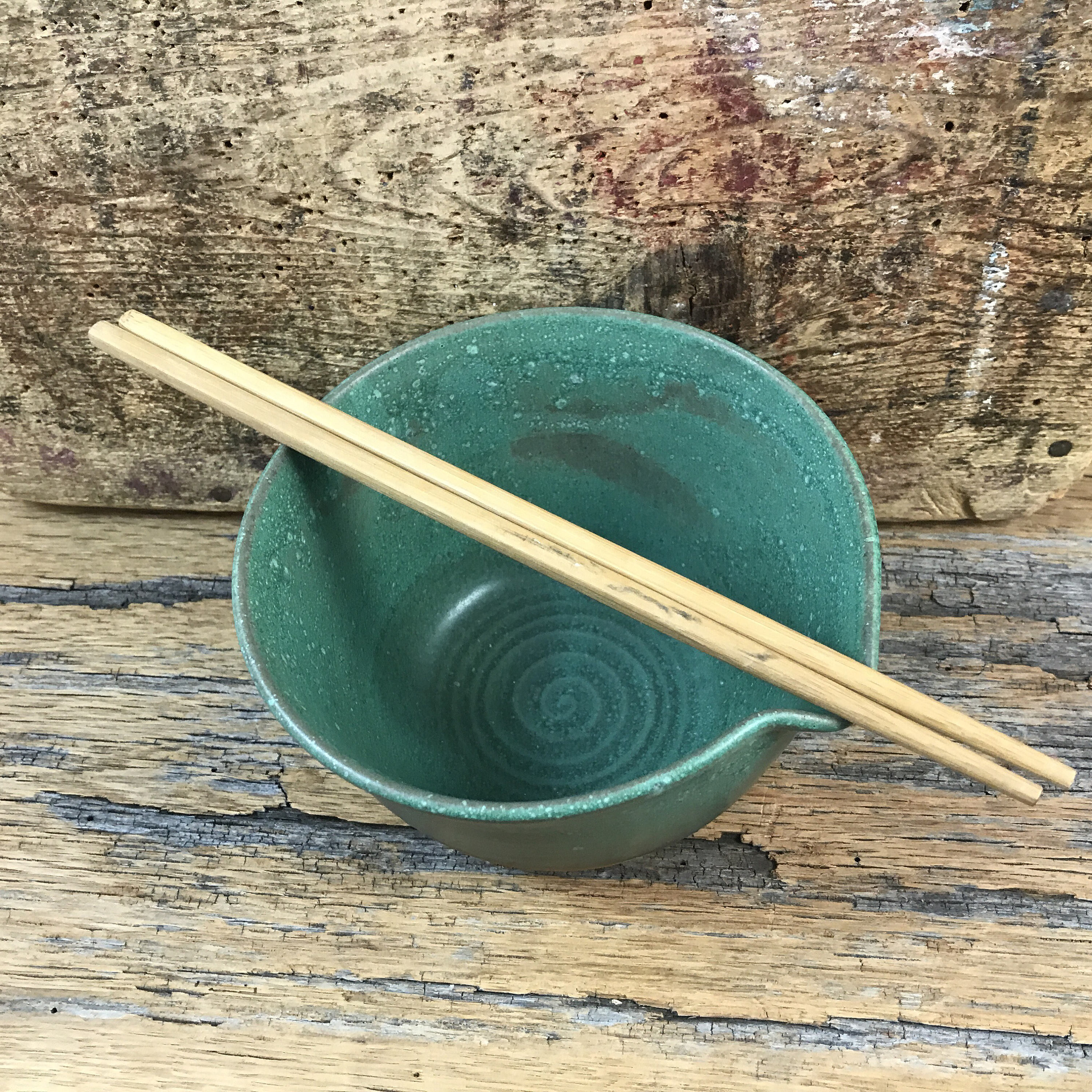 Ceramic Rice Chopsick Bowl/Handmade Pottery Pho Bowl Noodle Ramen Copper Green Asian Style
