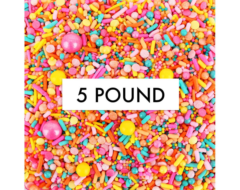 Pool Party Sprinkle Blend-5 Pound - Blend Of Pink, Turquoise, Orange, Yellow & Peach Jimmies, Non-Pareils, Dots, Sugar Pearls, Candy Beads