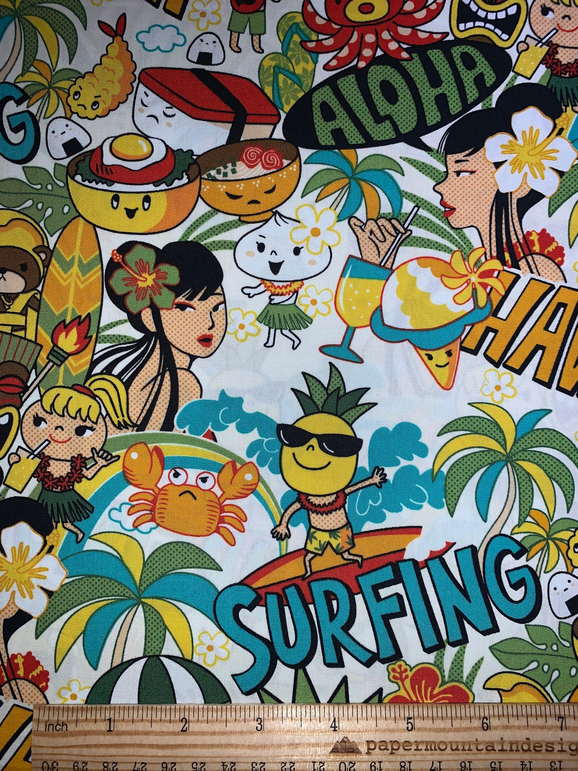 100% Cotton Cartoon Hawaii Fabric in Green - Surfing, Ramen, Crab, Hula Girl, Tempura, Locomoco, Shave Ice Fq/Bty