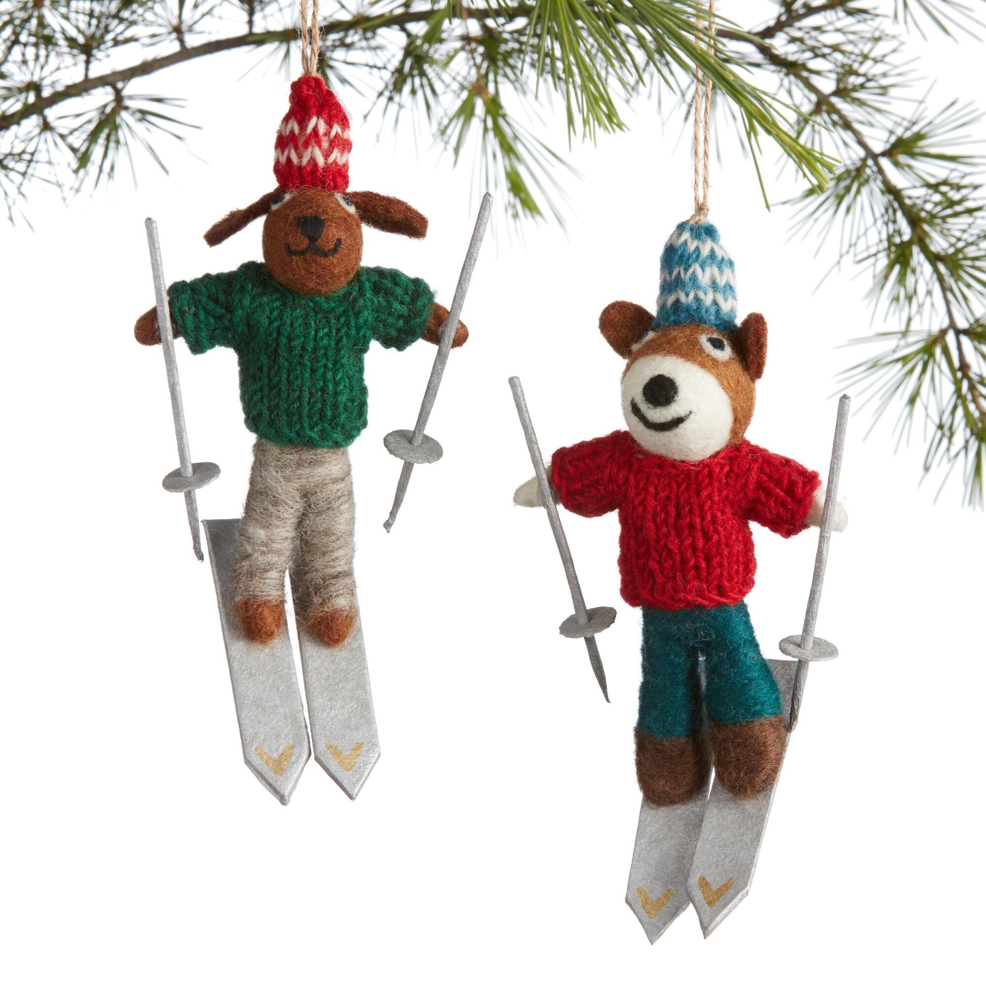 Felted Wool and Knit Skiing Dog Ornaments Set of 2: Multi by World Market