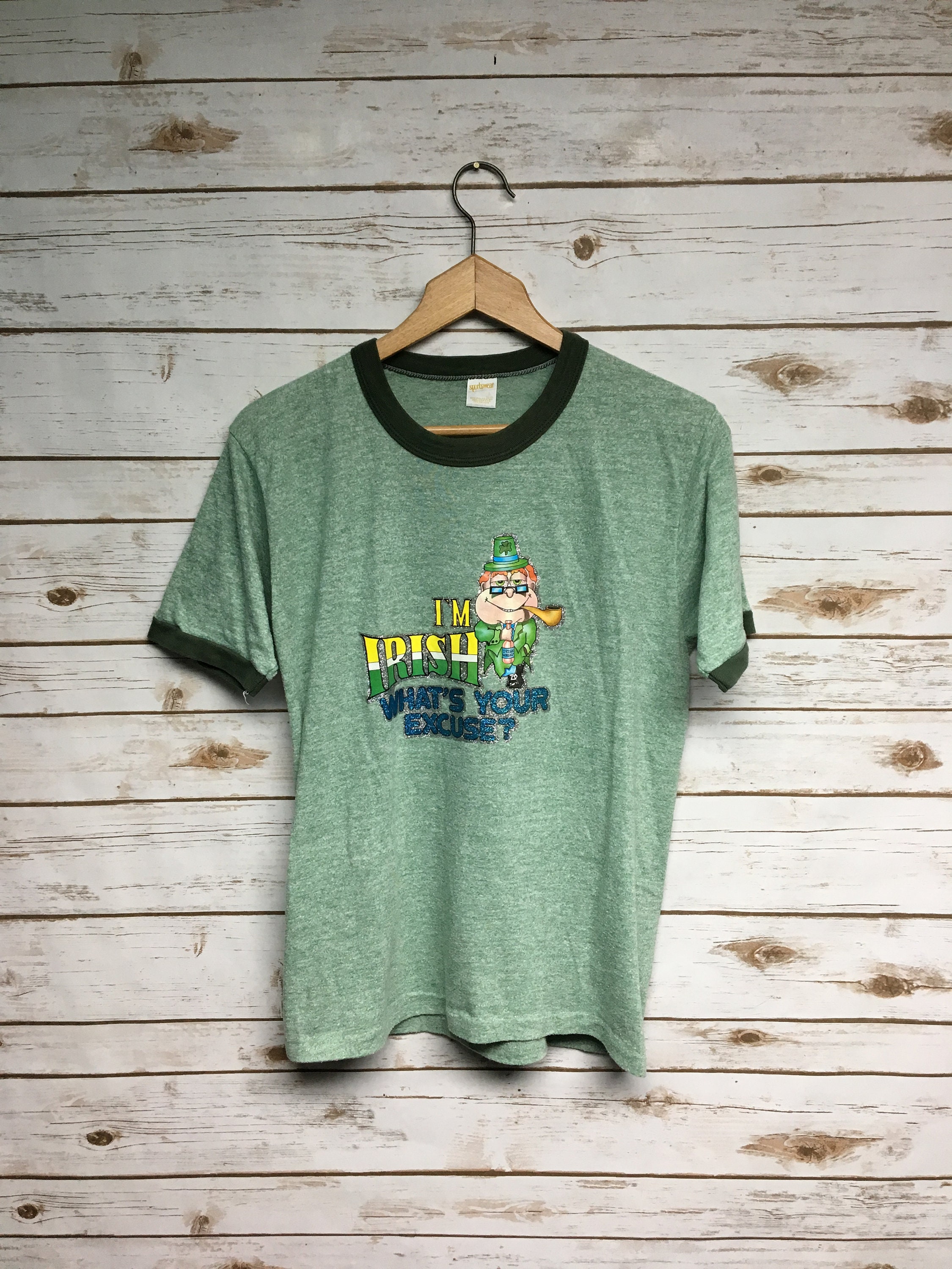 Vintage 70's Rayon Tri Blend Ringer T Shirt Heather Green I'm Irish What's Your Excuse Ireland St Patrick's Day Road Runner - Small/Medium