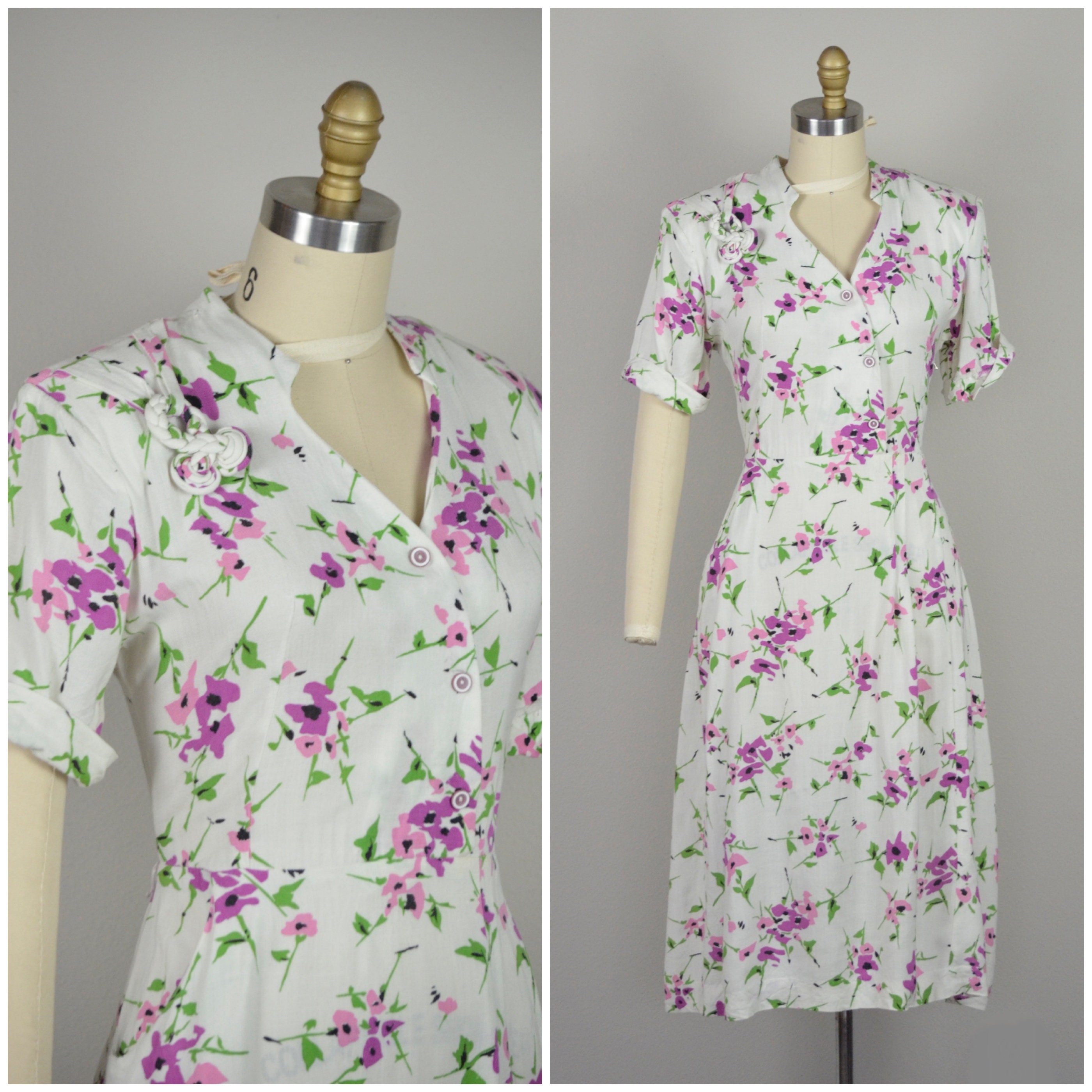1940S Dress | Lovely 40S Linen/Rayon Blend With Delicate Purple Flowers - Size Medium Summer