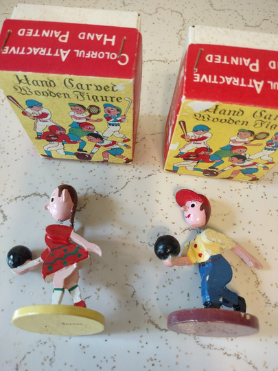 Buy 1950S Hand Painted Carved Sports Figures Bobble Head Bowling Girl  Guy Figurines Iob Online