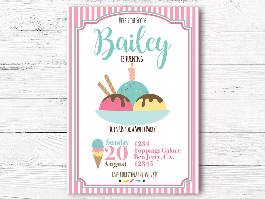 Ice Cream Birthday Invitation, Girl First Birthday, Personalized Social 1st Invitation Cards, C124