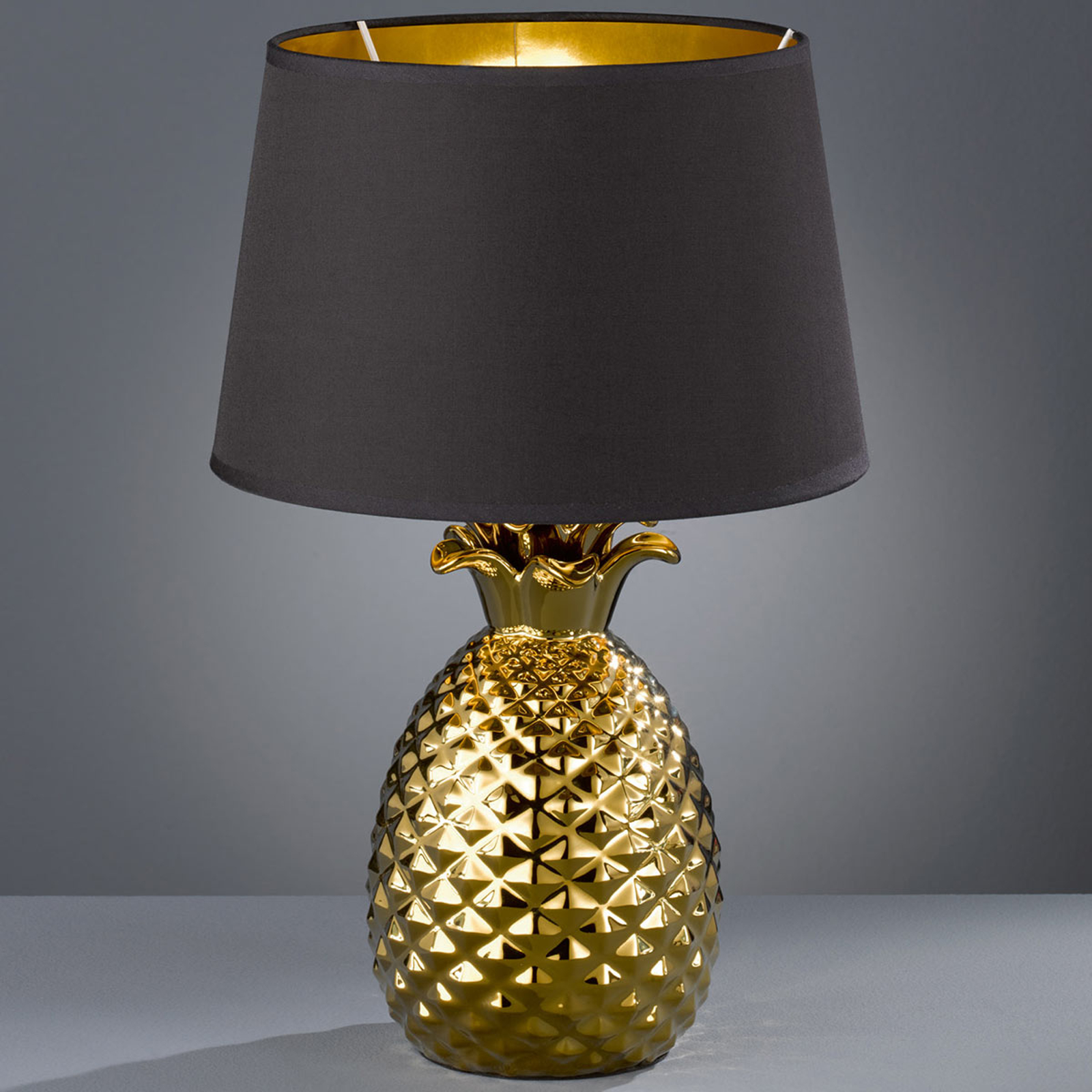 Kulta-musta tekstiili-pöytälamppu Pineapple, 45 cm