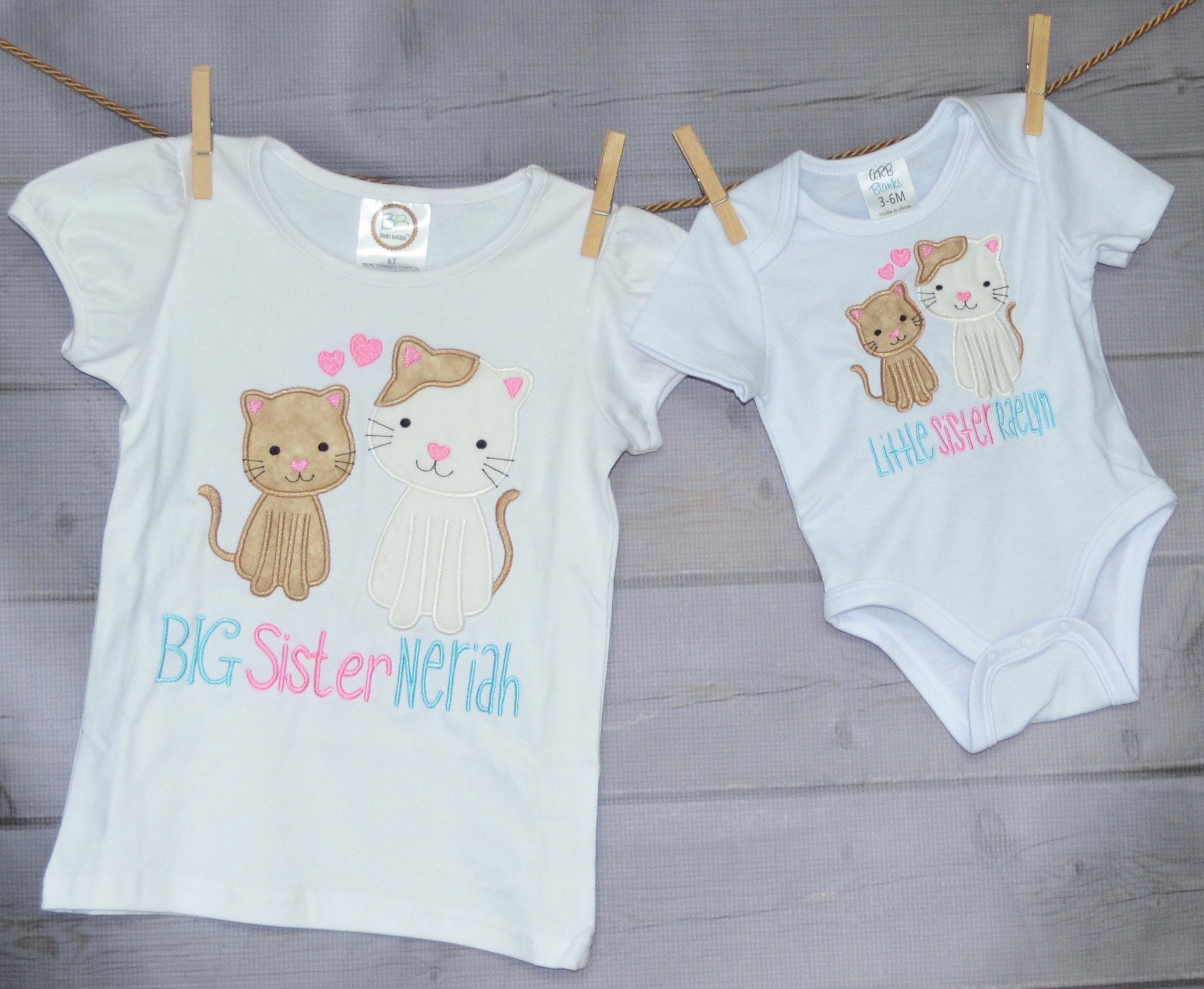 Personalized Big Little Brother Sister Kitty Cats Applique Shirt Or Bodysuit Girl Boy