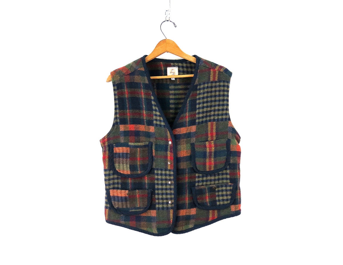 90S Wool Blend Vest Vintage Plaid Layering Jacket Blanket With Snaps Women's Size Small