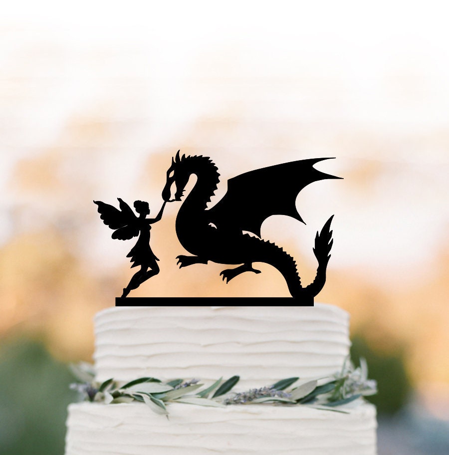 Dragon & Fairy Wedding Cake Topper, Silhouette Wedding Cake Topper. Decoration. Unique Topper Funny