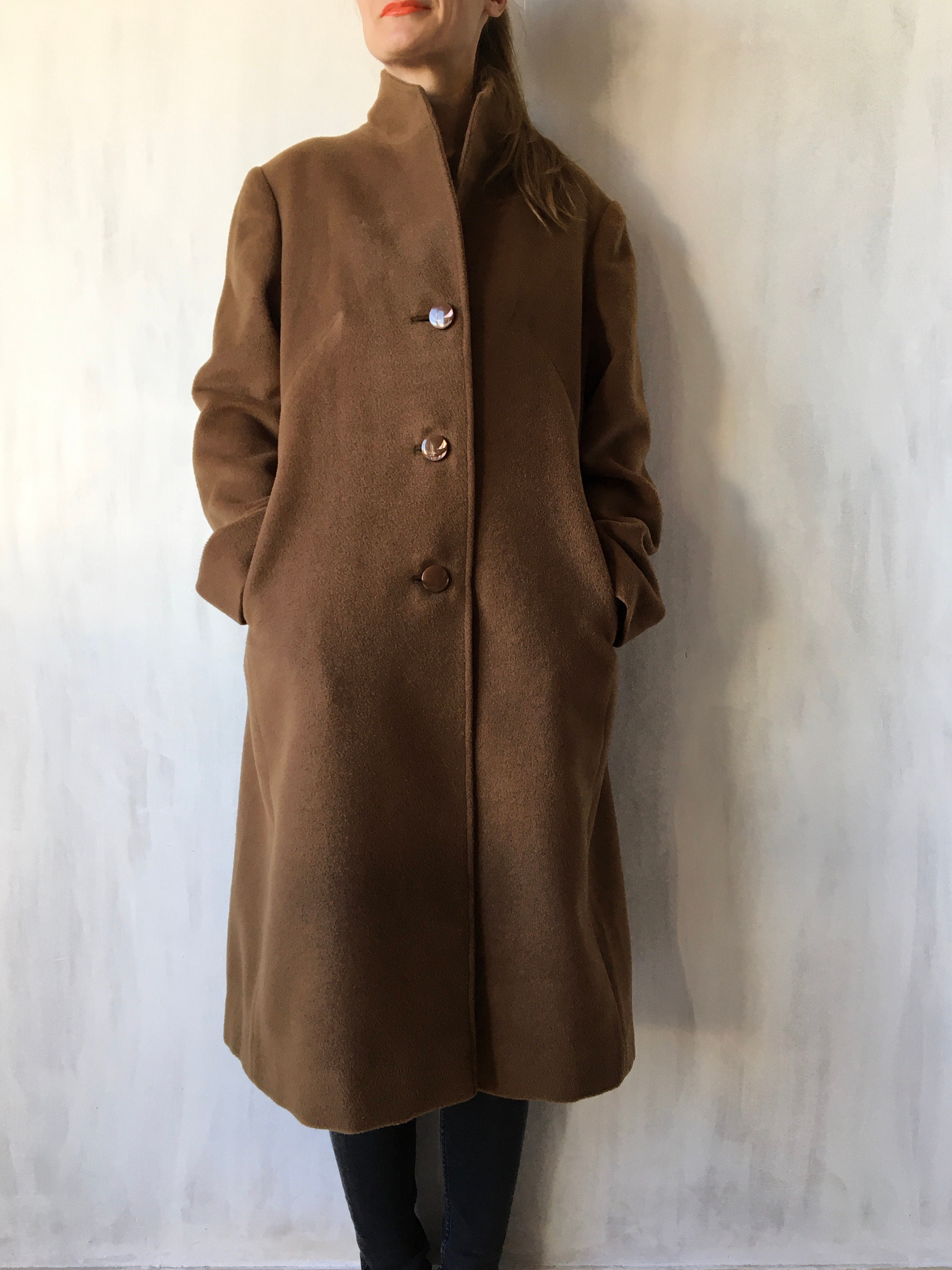 Vintage Wool Cashmere Blend Long Warm Coat, Classic Overcoat, Fits Best-S-M-L